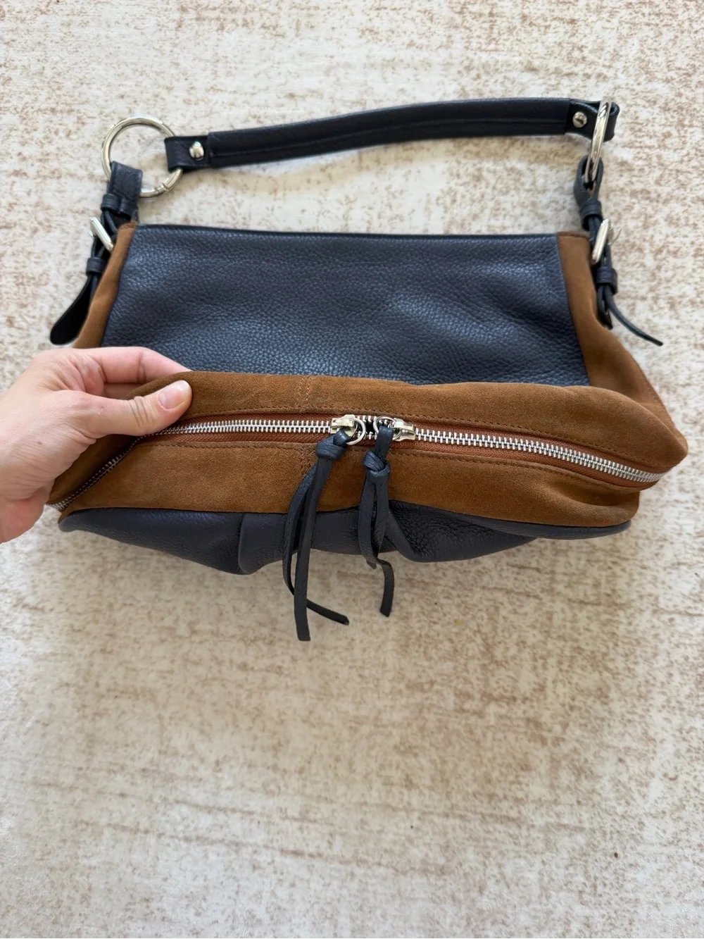 Sundance Genuine Leather & Suede Hobo Bag — Navy/Cognac Made In Italy